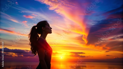 Silhouetted female figure stands in contemplation, her outline subtly defined against a vibrant pink and orange sunset, evoking emotions of serenity and empowerment.