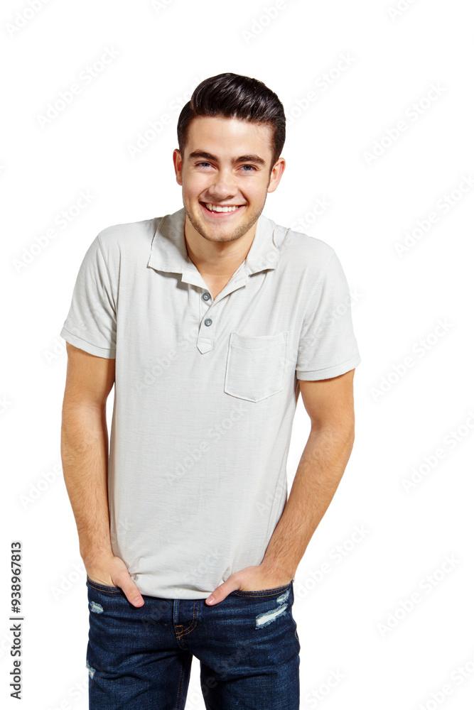 Portrait, relax and smile with man in studio isolated on white background for casual style or wellness. Break, comedy and hands in pockets with happy person in clothes outfit for fashion or humor Portrait, relax and smile with man in studio isolated on white background for casual style or wellness. Break, comedy and hands in pockets with happy person in clothes outfit for fashion or humor