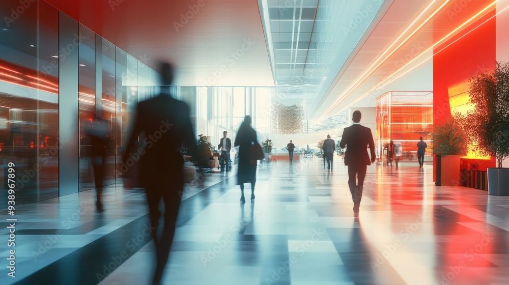 Long exposure shot of modern office lobby with business people. Generative AI Long exposure shot of modern office lobby with business people. Generative AI