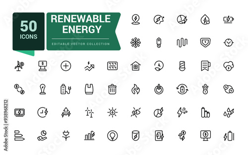 Set of renewable energy outline icons set. Related to green, renewable energy, alternative sources energy. Minimalistic web and UI icon. Outline icon collections.