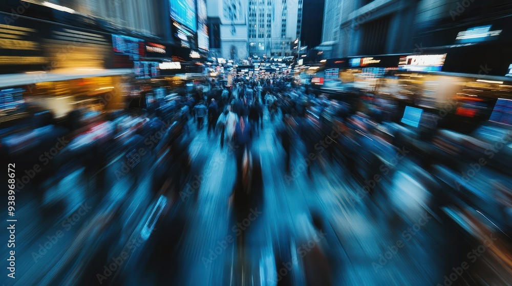 Fototapeta premium Motion blurred image of busy stock exchange floor with traders rushing around