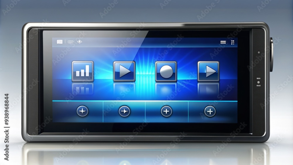 Sleek and modern digital media player interface with navigation buttons, volume control, and playback options on a high-resolution touchscreen display background. Sleek and modern digital media player interface with navigation buttons, volume control, and playback options on a high-resolution touchscreen display background.