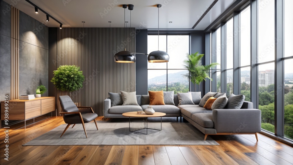 Sleek, minimalist living room with gray walls, polished wooden floor, and modern furniture, illuminated by floor-to-ceiling windows and pendant lighting fixtures. Sleek, minimalist living room with gray walls, polished wooden floor, and modern furniture, illuminated by floor-to-ceiling windows and pendant lighting fixtures.