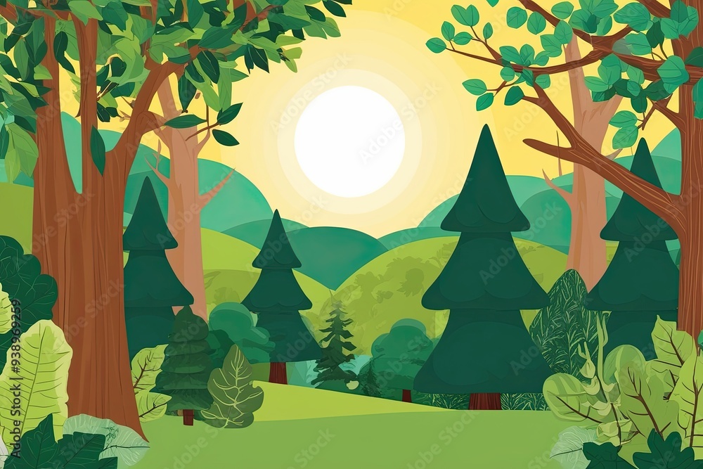 Fototapeta premium Playful Nature Scene Featuring Trees Lush Forest Foliage and Cheerful Cartoon Sunlight