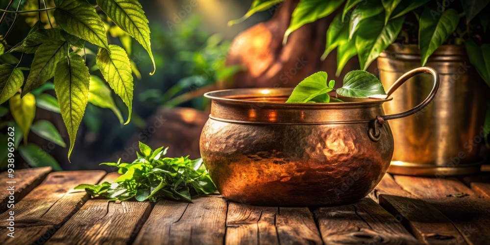 Glowing copper vessel sits among emerald leaves, exuding ancient wisdom, warm light dancing across rustic texture, emphasizing mysterious beauty in a moody atmosphere. Glowing copper vessel sits among emerald leaves, exuding ancient wisdom, warm light dancing across rustic texture, emphasizing mysterious beauty in a moody atmosphere.