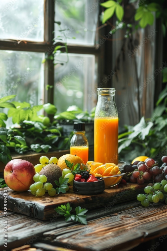 A vibrant display of fruits and orange juice in a cozy indoor space filled with natural light and plants A vibrant display of fruits and orange juice in a cozy indoor space filled with natural light and plants