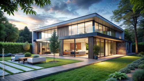 Sleek, minimalist modern home with large windows, sliding glass doors, and an elegant exterior blending seamlessly into its lush, green surroundings with a tranquil atmosphere.