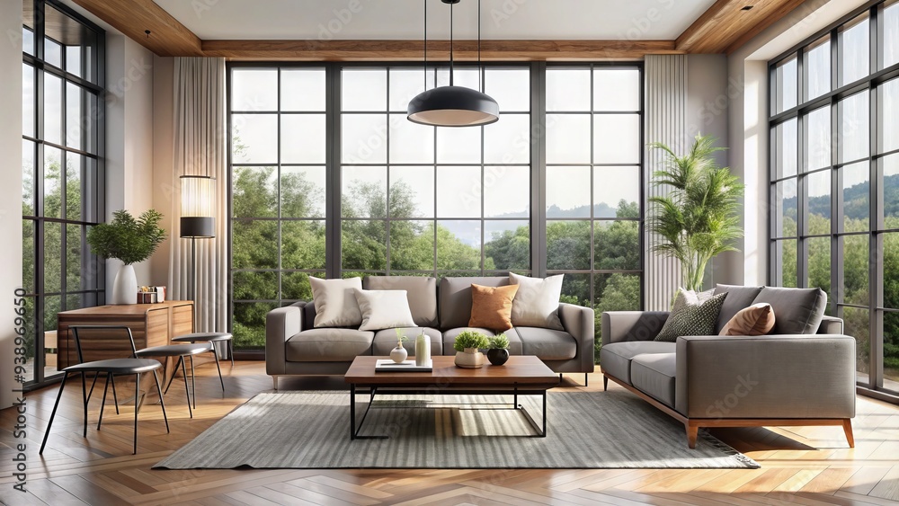 Sleek modern living room interior mockup with minimalist decor, large windows, and stylish furniture, perfect for showcasing design concepts and products. Sleek modern living room interior mockup with minimalist decor, large windows, and stylish furniture, perfect for showcasing design concepts and products.