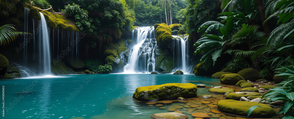 A beautiful waterfall in a tropical forest full of green trees. AI generated A beautiful waterfall in a tropical forest full of green trees. AI generated