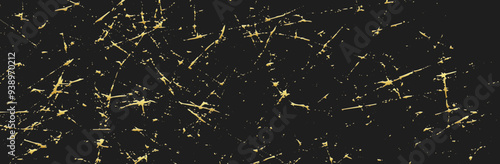 Stylish banner, cover design. Black texture background, gold texture. Geometric trendy abstract pattern with spots, cracks, scratches. Grunge overlay layer.