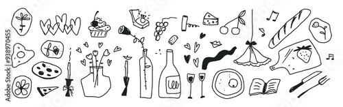 Set of clip arts, the ring, the marriage proposal, food and drink, wine, flowers, black and white culinary hand drawn illustrations on white background. Childish naive doodle design style, vector art.