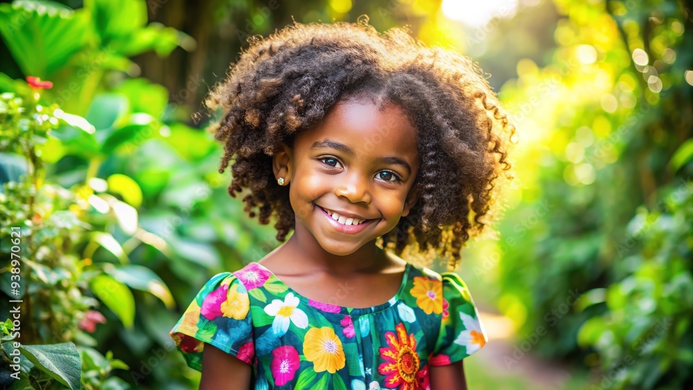 Smiling African American girl with curly hair and bright eyes, wearing a colorful outfit, standing in a vibrant outdoor setting with lush greenery. Smiling African American girl with curly hair and bright eyes, wearing a colorful outfit, standing in a vibrant outdoor setting with lush greenery.