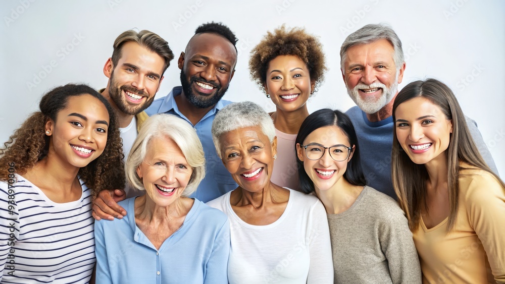 Smiling friends of diverse ages and ethnicities gathered together, looking directly at the camera, against a clean and crisp white studio background. Smiling friends of diverse ages and ethnicities gathered together, looking directly at the camera, against a clean and crisp white studio background.