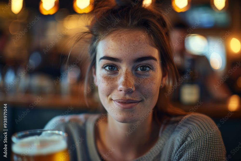 woman in 30s, brown hair in ponytail, small nose ring, freckles, at a tapas bar, enjoying a beer, warm, inviting atmosphere woman in 30s, brown hair in ponytail, small nose ring, freckles, at a tapas bar, enjoying a beer, warm, inviting atmosphere