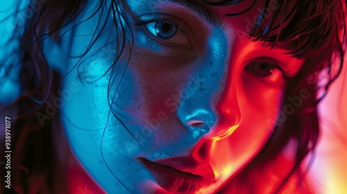  girl, neon lighting, very close up, face