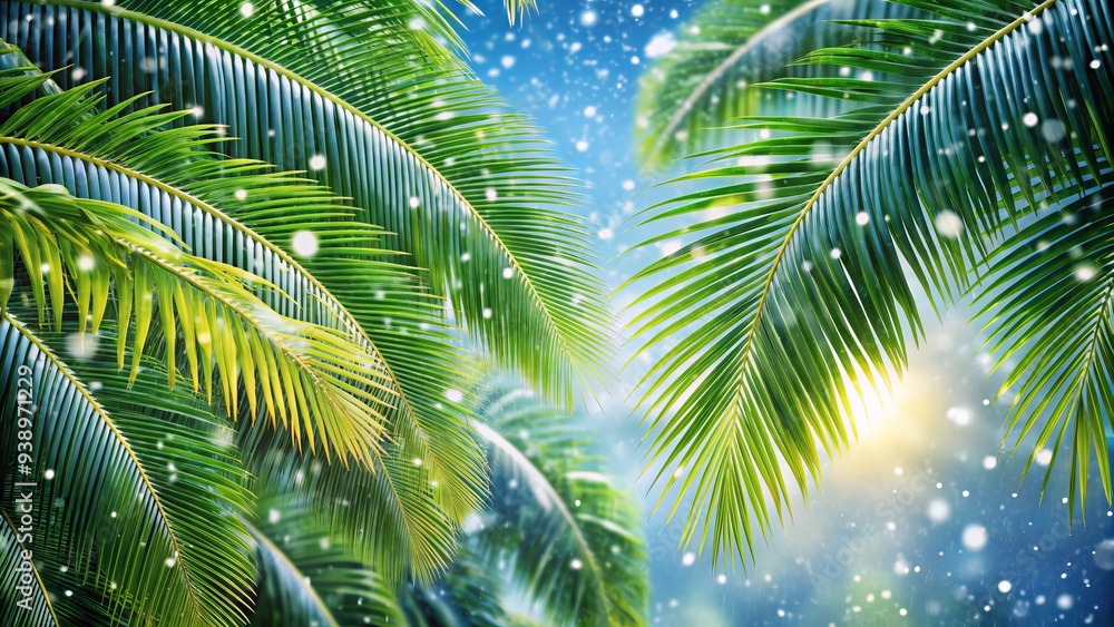 Snowflakes gently fall on a palm tree's lush green fronds, contrasting warm tropical essence with winter's serene beauty in a rare, magical atmosphere. Snowflakes gently fall on a palm tree's lush green fronds, contrasting warm tropical essence with winter's serene beauty in a rare, magical atmosphere.