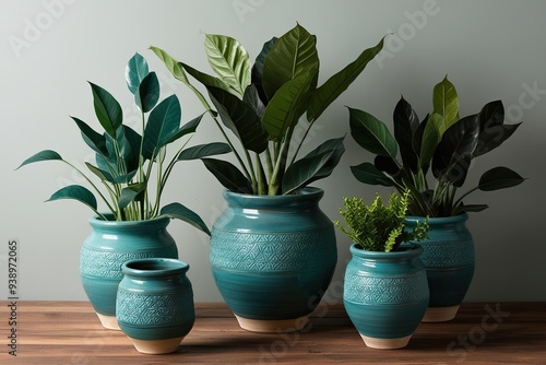 Teal Foliage Plants in Handmade Pots for Stylish Home Decor photo