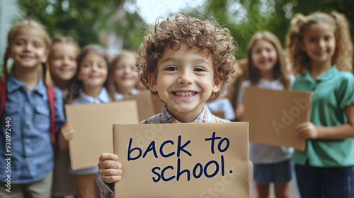  little happy schoolboy with curly hair on the background of a group of children classmates holding a sign with the inscription "back to school."