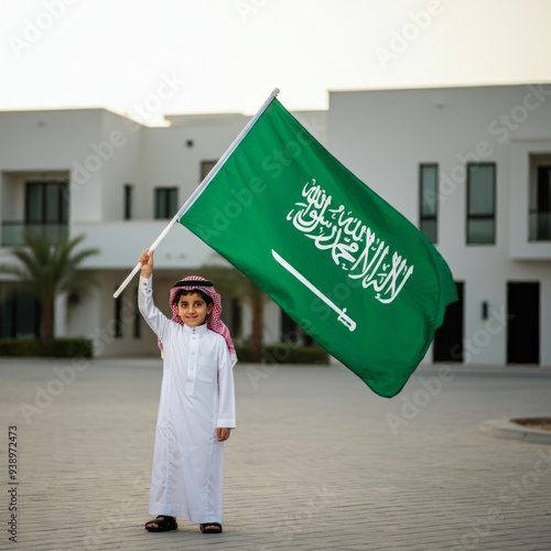 Saudi boy holding Saudi Arabia flag isolated on house building, celebration saudi national day or flag day, foundation day. photo