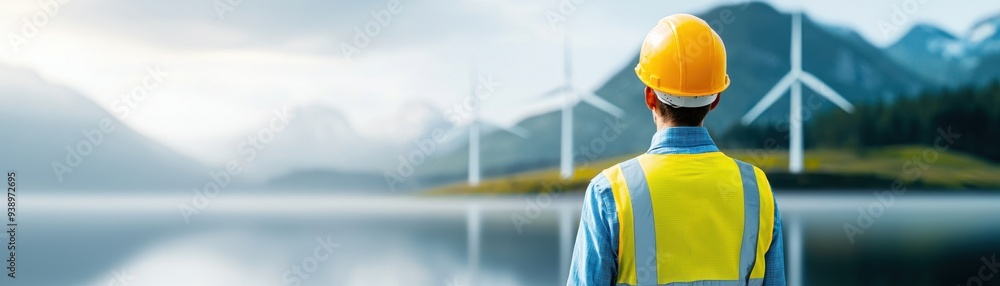 A worker in a helmet observes wind turbines in a serene landscape, highlighting the intersection of nature and renewable energy. A worker in a helmet observes wind turbines in a serene landscape, highlighting the intersection of nature and renewable energy.