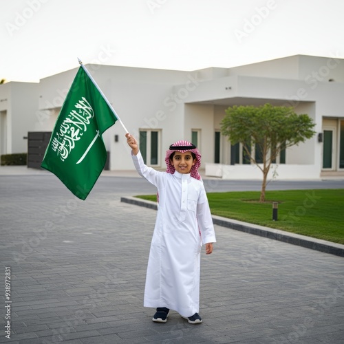 Saudi boy holding Saudi Arabia flag isolated on house building, celebration saudi national day or flag day, foundation day. photo