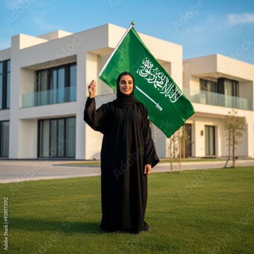 Saudi woman holding Saudi Arabia flag iisolated on house building, celebration saudi national day or flag day, foundation day. photo