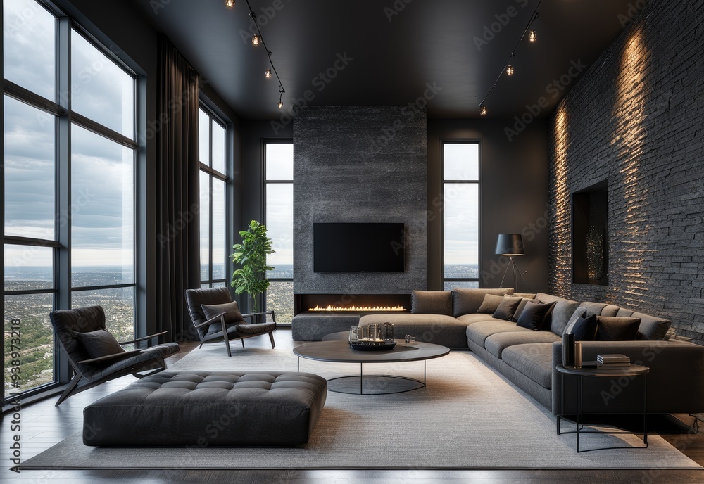 Modern interior of a living room. Penthouse Loft with dark stone walls (3d Rendering) Modern interior of a living room. Penthouse Loft with dark stone walls (3d Rendering)
