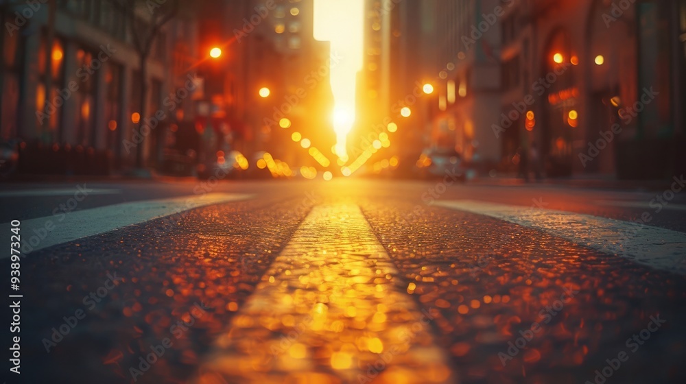 Warm sunlight fills the city street, casting a golden glow as evening approaches and lights begin to twinkle Warm sunlight fills the city street, casting a golden glow as evening approaches and lights begin to twinkle