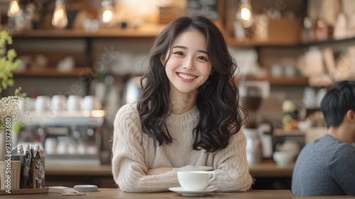 Portrait of a beautiful, charming Asian woman sitting in a coffee shop. Happy talking to people