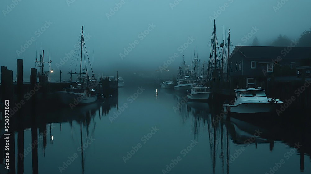 harbor, pale blue hour, surreal, detailed, peaceful, rain harbor, pale blue hour, surreal, detailed, peaceful, rain