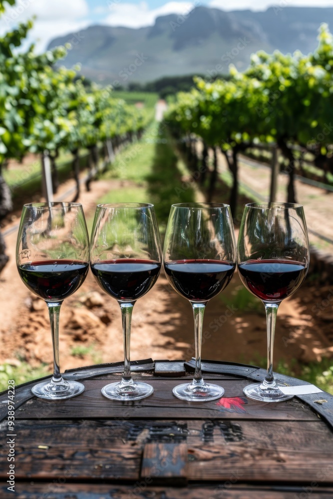wine glasses filled with red wine on a rustic table in the vineyards wine glasses filled with red wine on a rustic table in the vineyards