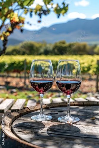  wine glasses filled with red wine on a rustic table in the vineyards 