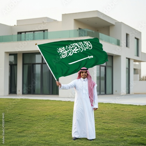 Saudi man holding Saudi Arabia flag on front of buildings, celebration saudi national day or flag day, foundation day.