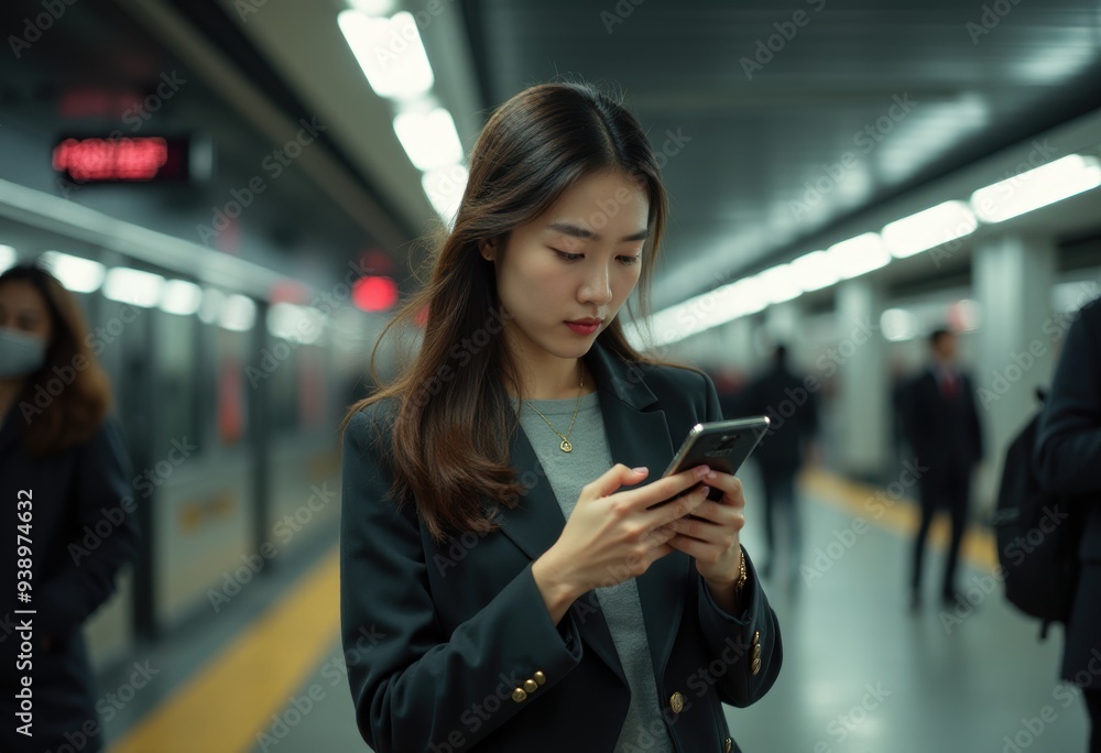 Fototapeta premium Young asian woman using smartphone in subway station, showcasing modern urban life and digital connectivity.