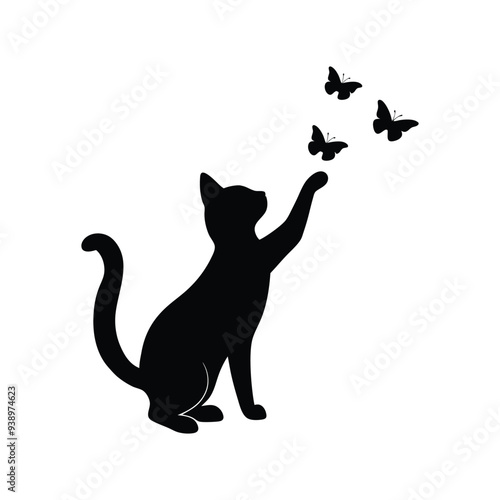 Vector illustration of a cat with a flying butterfly silhouette, elegant and artistic design.