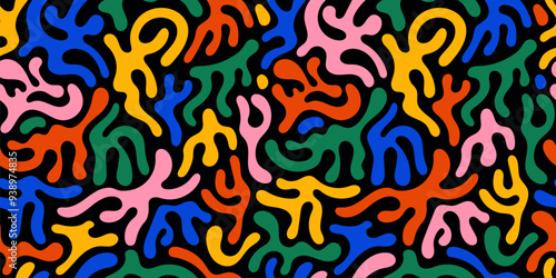 Abstract organic shapes. Seamless pattern with colorful geometric doodles. Abstract Liquid shapes in retro style. Flat cartoon background, simple random shapes in bright childish colors. Vector