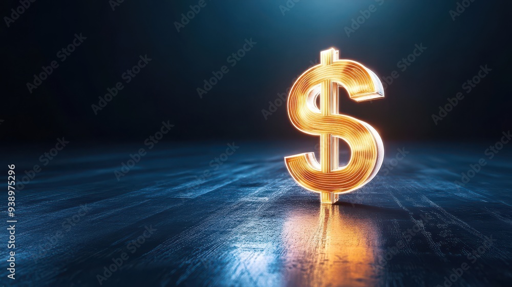 A glowing dollar sign in a dark room, symbolizing wealth, high contrast, dramatic lighting, 3D render A glowing dollar sign in a dark room, symbolizing wealth, high contrast, dramatic lighting, 3D render