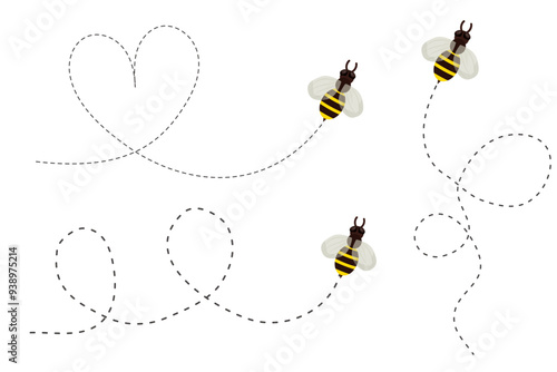 Bee flying doted path, line way. Bumblebee fly route journey for travel. Honey product design, Bee with cute wings.