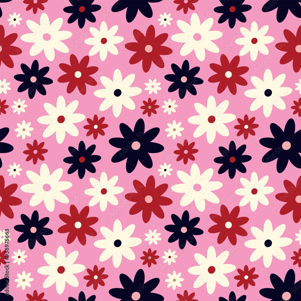 Fototapeta premium Creative bright pink vibrant quirky expressive floral pattern in 60s in bright juicy colors