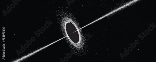 Black hole with disc of plasma and  ray burst. Supermassive singularity in core off a galaxy, with noise texture . Event horizon .Vector illustration