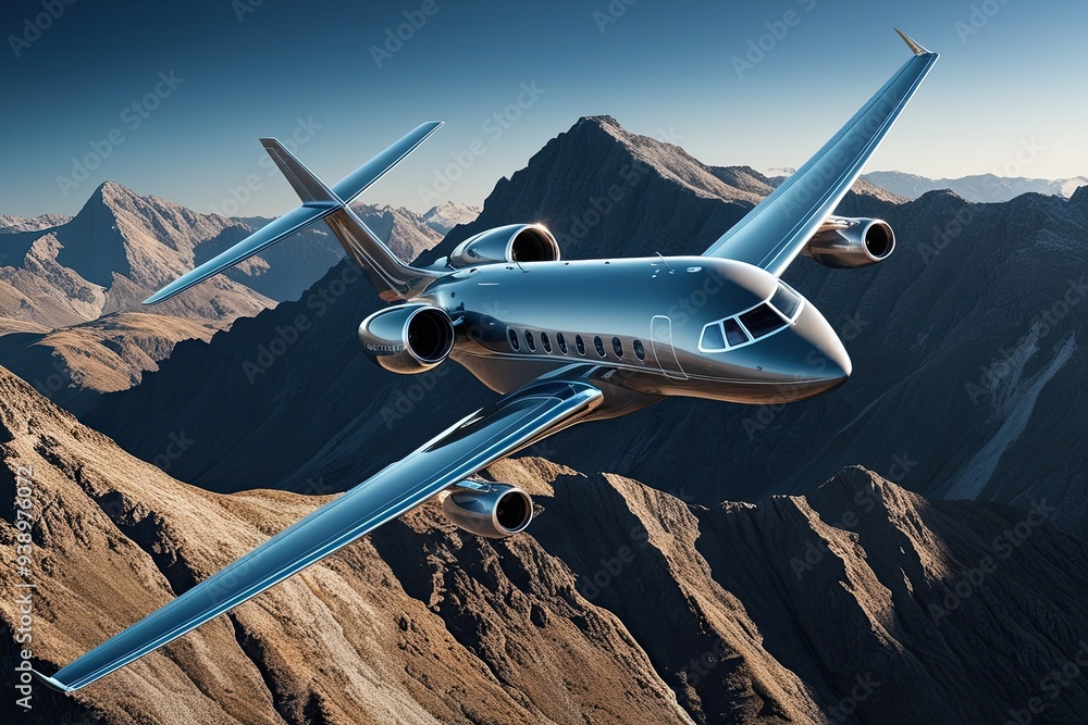 Fototapeta premium Sleek Grey Business Jet Soaring Over Majestic Mountains in Impressive 3D Visualization