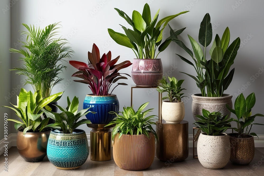 Fototapeta premium Diverse Collection of Colorful Indoor Plants in Stylish Planters for Sophisticated Home Decor