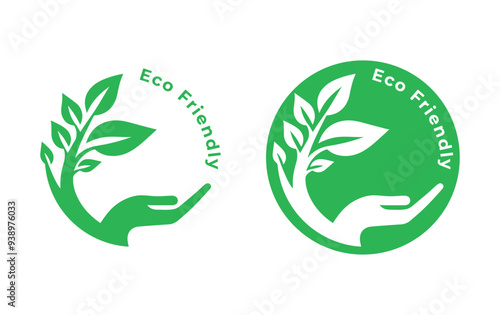 Eco label. Eco friendly logo. Organic and natural product icon, eco friendly sign, Hand holding green leaves round shape