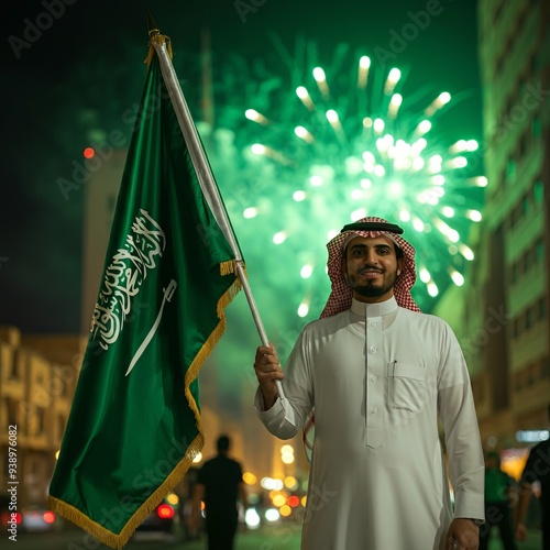 Saudi man holding Saudi Arabia flag on front of buildings, celebration saudi national day or flag day, foundation day.