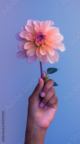 Single hand grasping a delicate peach dahlia flower against a blue gradient background, emphasizing nature and simplicity.