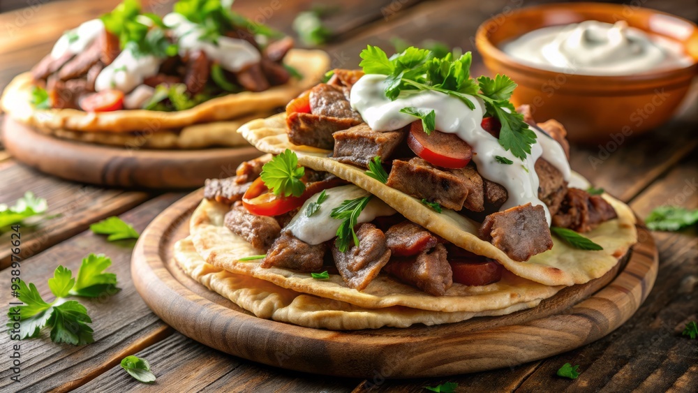 thinly sliced lamb or beef stacked on crispy pita bread, topped with tangy yogurt sauce, fresh parsley, and crispy pita croutons. thinly sliced lamb or beef stacked on crispy pita bread, topped with tangy yogurt sauce, fresh parsley, and crispy pita croutons.
