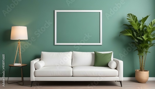 Interior mockup In a white room a blue sofa is placed next to a photo frame on the wall