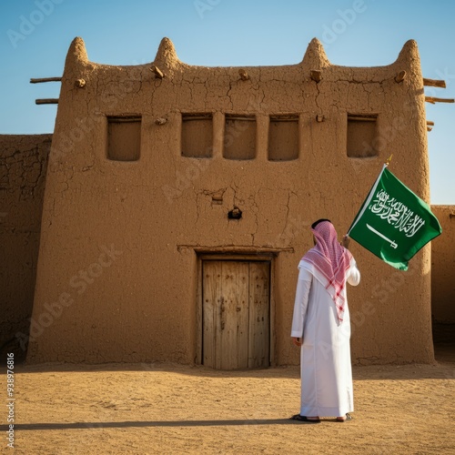 Saudi man holding Saudi Arabia flag on front of buildings, celebration saudi national day or flag day, foundation day.