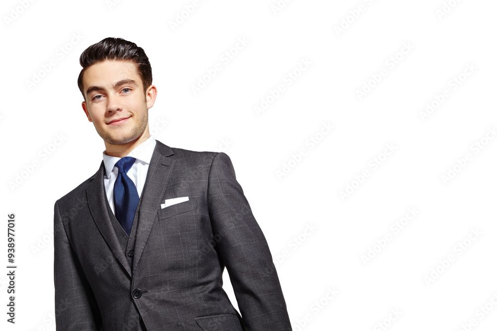 Business, man and happy in studio for fashion on white background for elegant style and outfit as accountant. Male person, portrait and smile on confidence with suit as clothes for office wear Business, man and happy in studio for fashion on white background for elegant style and outfit as accountant. Male person, portrait and smile on confidence with suit as clothes for office wear