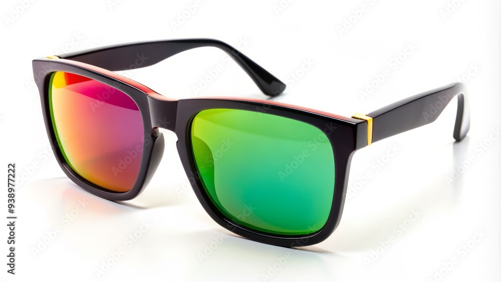 Trendy square-shaped sunglasses with sleek black frames and brightly colored temples sit on a white background, evoking a sense of modern style and sophistication. Trendy square-shaped sunglasses with sleek black frames and brightly colored temples sit on a white background, evoking a sense of modern style and sophistication.